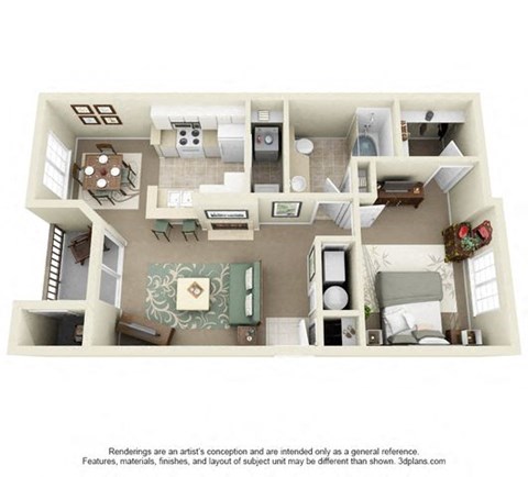 Uinta One Bedroom One Bathroom 3D Floor Plan Image